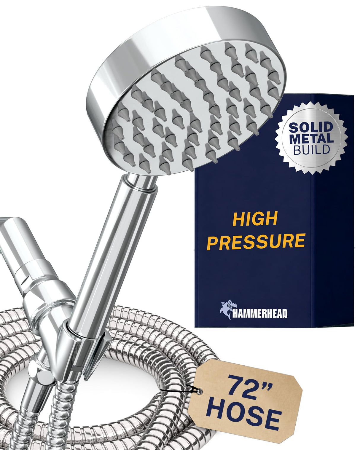 HammerHead Showers® Solid Metal Handheld Shower Head with Hose and Brass Holder - CHROME - 2.5 GPM High Pressure Shower Heads with Adjustable Shower Wand Bracket - 6ft Flexible Extension