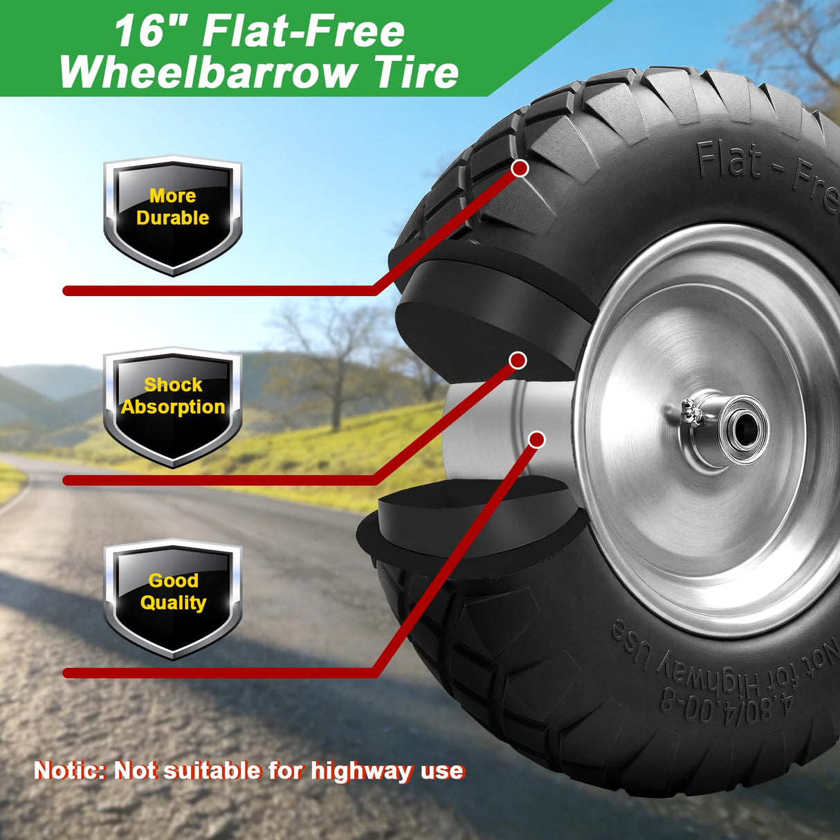 LTNICER 4.80/4.00-8" Flat-Free Tire and Wheel, 16" Solid Wheelbarrow Tires with 5/8" or 3/4" Bearings, 3-7" Centered Hub Universal Fit for Wheelbarrows/Garden Trailer/Wagons
