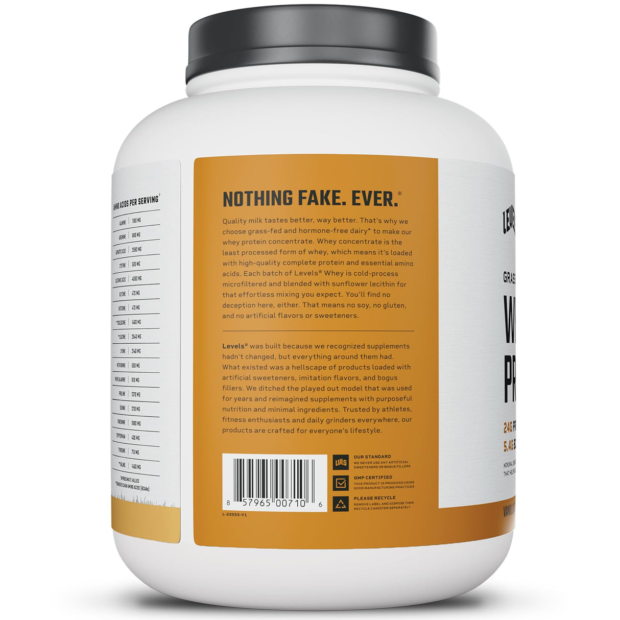 Levels Grass Fed Whey Protein Powder, No Artificials, 24G of Protein, Vanilla Cinnamon, 5LB
