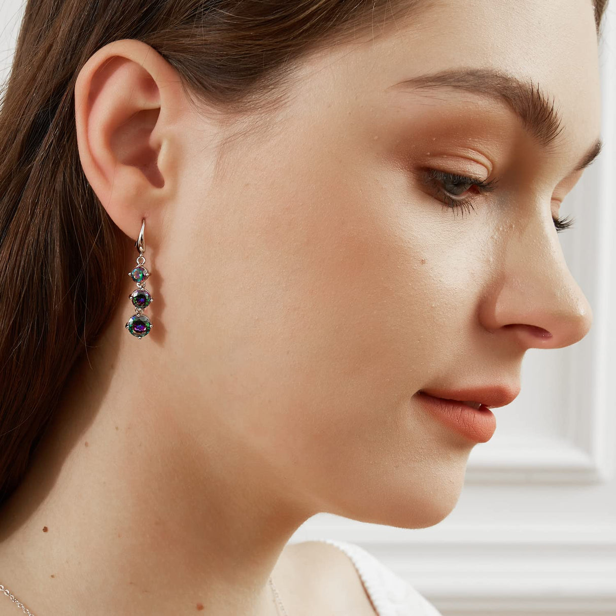Dangle Earrings for Women,5/6/7mm Round Rainbow CZ,18K White Gold Plated