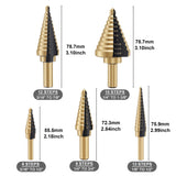 OSTTE Step Drill Bit Set 5PCS, 50 Sizes HSS Titanium Coated Step Bits for Metal Stainless Steel Aluminum Iron Wood Plastic, with Aluminum Case