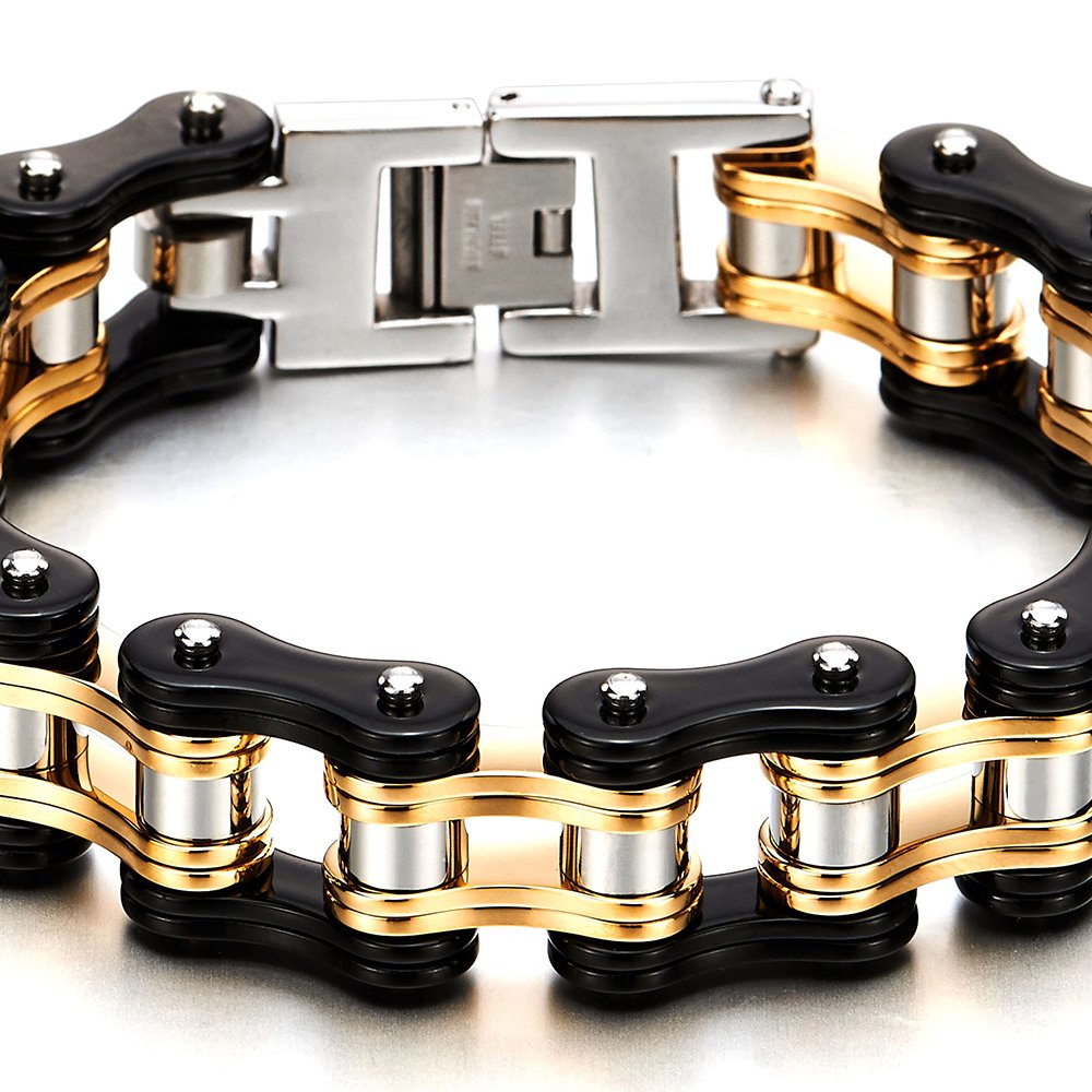 COOLSTEELANDBEYOND Men's Tri-Tone Bike Chain Link Bracelet, Silver Black and Gold, Large Motorcycle Link with Fold Over Clasp, Biker Punk Jewelry Gift