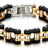 COOLSTEELANDBEYOND Men's Tri-Tone Bike Chain Link Bracelet, Silver Black and Gold, Large Motorcycle Link with Fold Over Clasp, Biker Punk Jewelry Gift