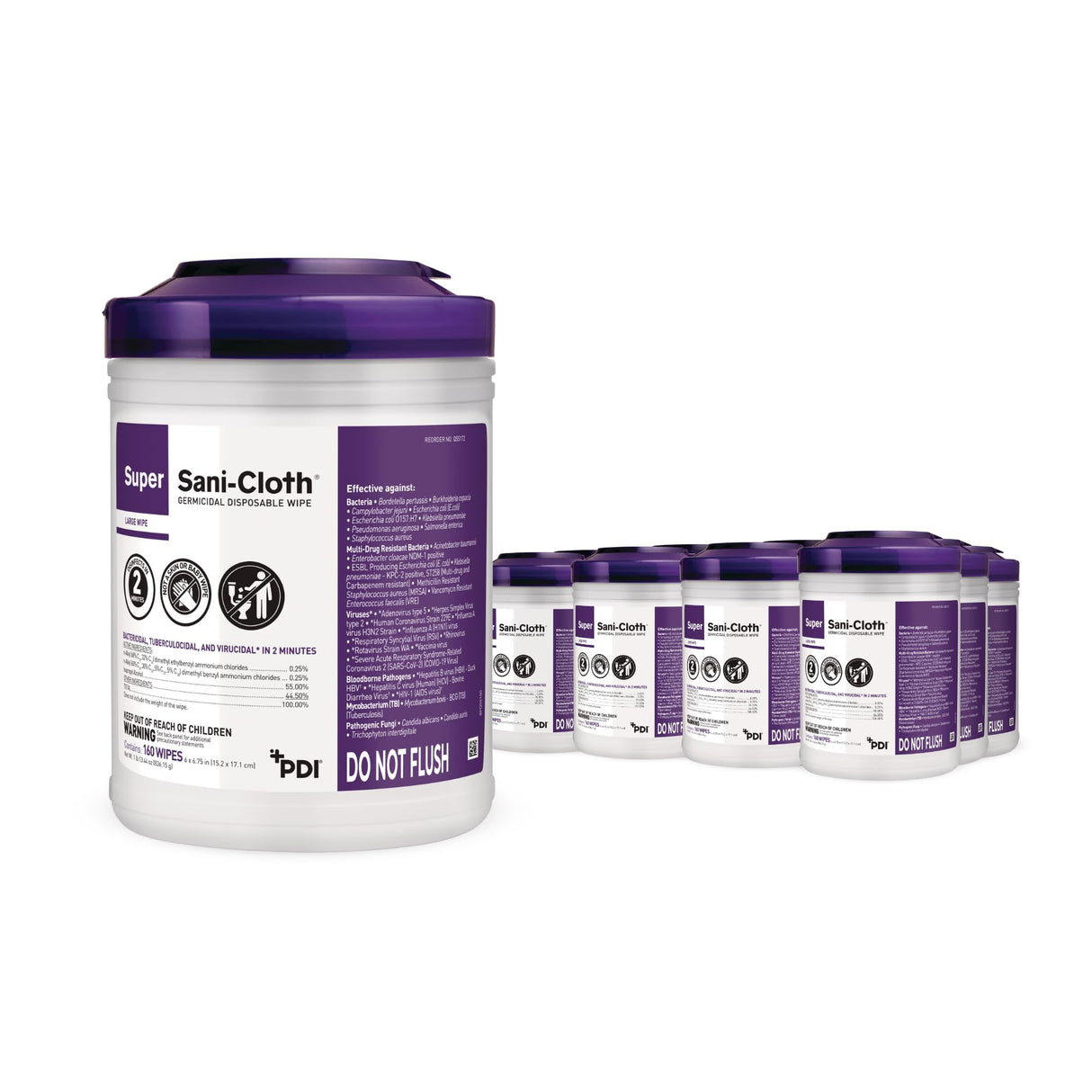 Super Sani-Cloth Germicidal Disposable Wipe, Large Wipes, Case of 12 Canisters, Fast 2-Minute Contact Time