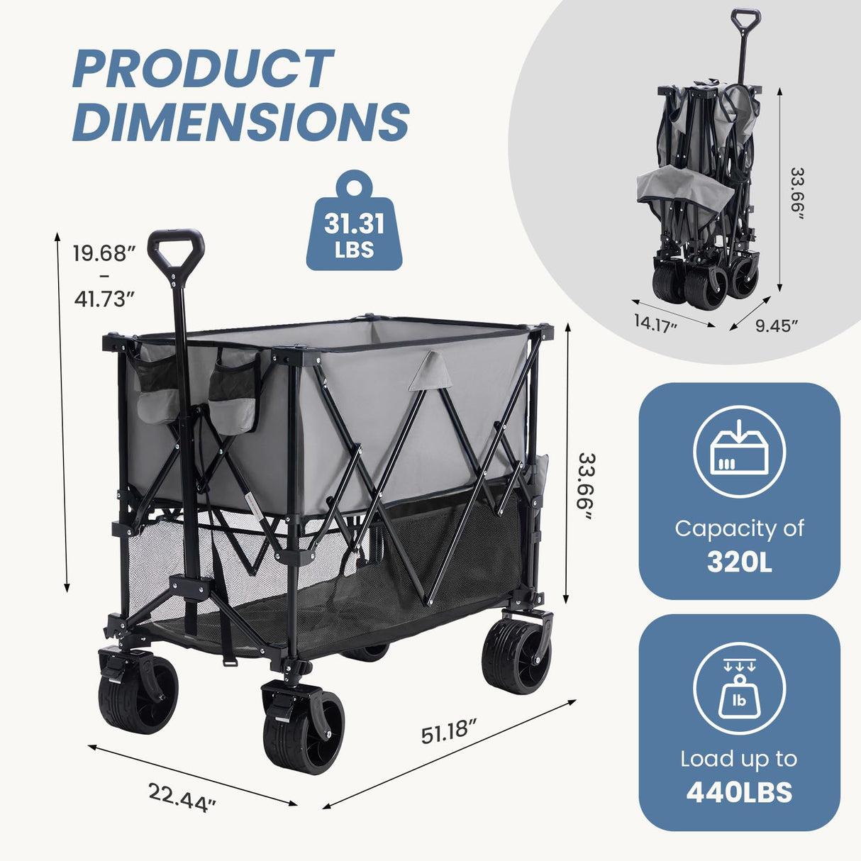 DUMOS Double Decker Wagon 440LBS, Collapsible Folding Beach Wagon 400L