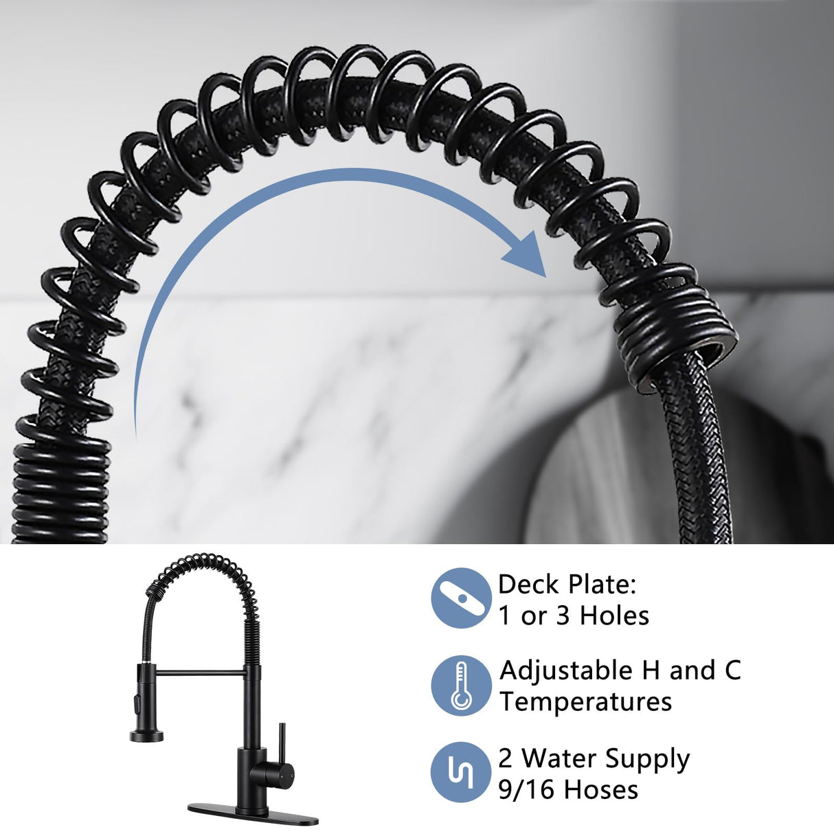 DJS Kitchen Faucets with Pull Down Sprayer Single Handle 1 or 3 Holes Spring Kitchen Sink Faucet with Deck Plate for Farmhouse RV Vessel Basin (Matte Black)
