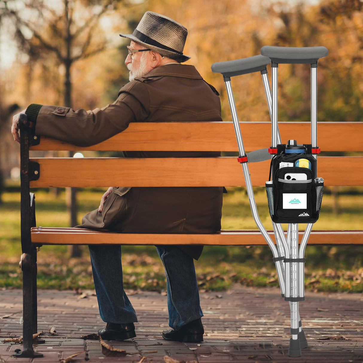 supregear Crutch Accessories Bag, Water-Resistant Storage Pouch with Cup Holder and Multiple Pockets, Large Capacity Organizer for Underarm Crutches, Black