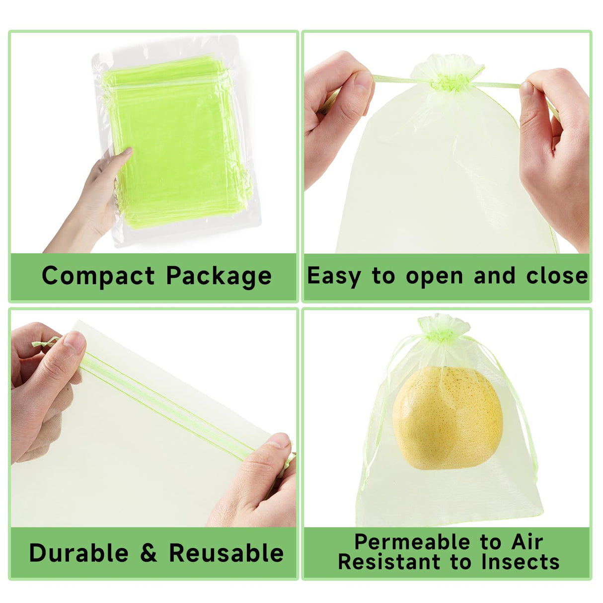 SmileLucky 100PCS Fruit Protection Bags with Drawstring, 8x12 Inch Green Organza Produce Bags for Fruit Trees, Mesh Netting for Garden Protection