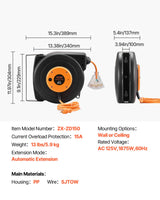 VEVOR Retractable Extension Cord Reel, 45 FT, Heavy Duty 12AWG/3C SJTOW Power Cord, with Lighted Triple Tap Outlet, 15 Amp Circuit Breaker, 180° Swivel Bracket for Ceiling or Wall Mount