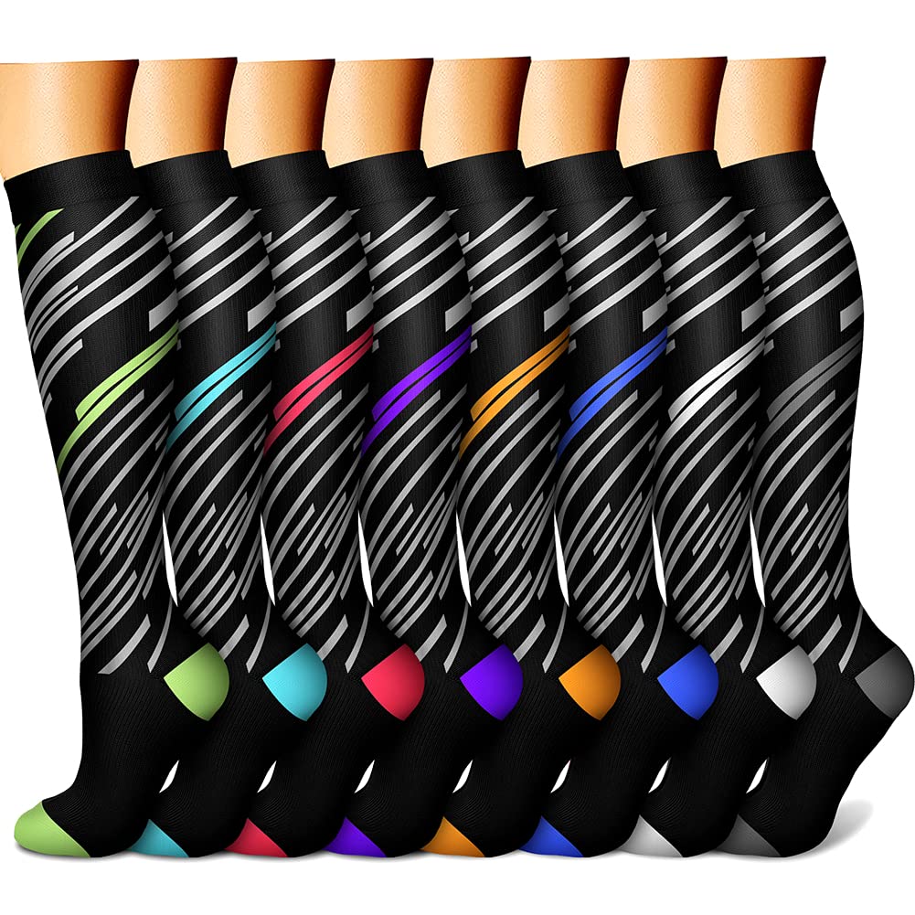 CHARMKING Compression Socks for Women & Men (8 Pairs) 15-20 mmHg Graduated Copper Support Socks are Best for Pregnant, Nurses - Boost Performance, Circulation, Knee High & Wide Calf (L/XL, Multi 33)