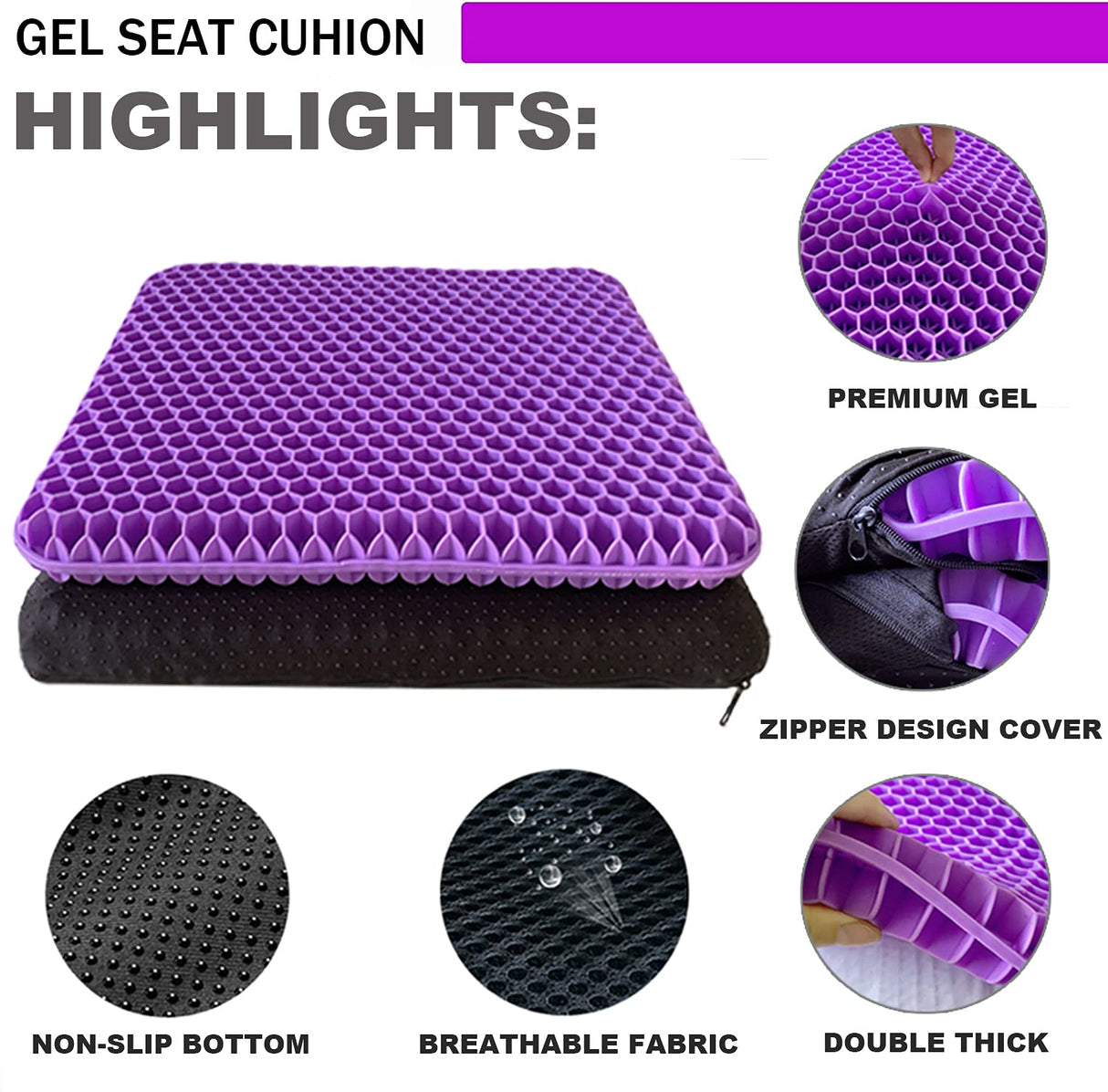 Gel Seat Cushion - Enhanced Double Thick Egg Seat Cushion with Non-Slip Cover - Office Chair Car Seat Cushion - Sciatica & Back Pain Relief - Perfect for Office Chair Car Wheelchair Travel