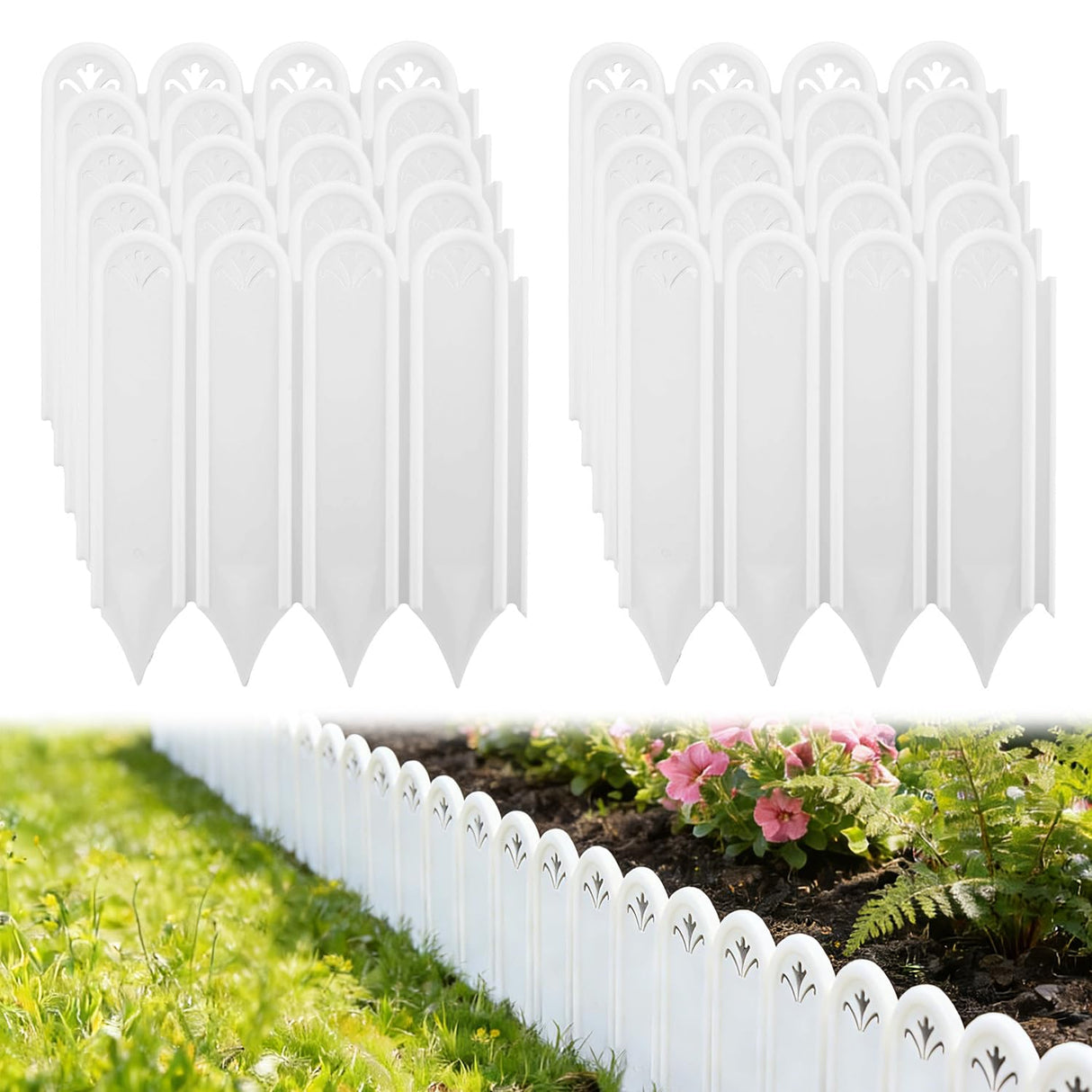 8.7'' H Connectable Garden Landscape Edging - 6.5ft Total Length No Need Digging Lawn Fence Border White Panels for Dividing Yard Flower Bed Areas