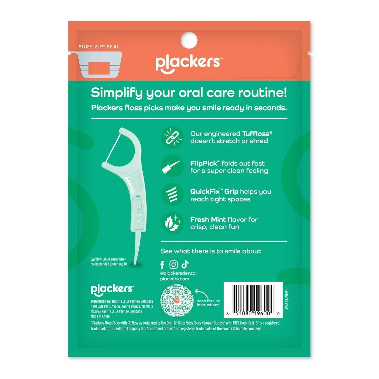 Plackers Micro Line Dental Floss Picks, Fold-Out FlipPick, Tuffloss, Easy Storage with Sure-Zip Seal, Fresh Mint Flavor, 90 Count (6 Pack)