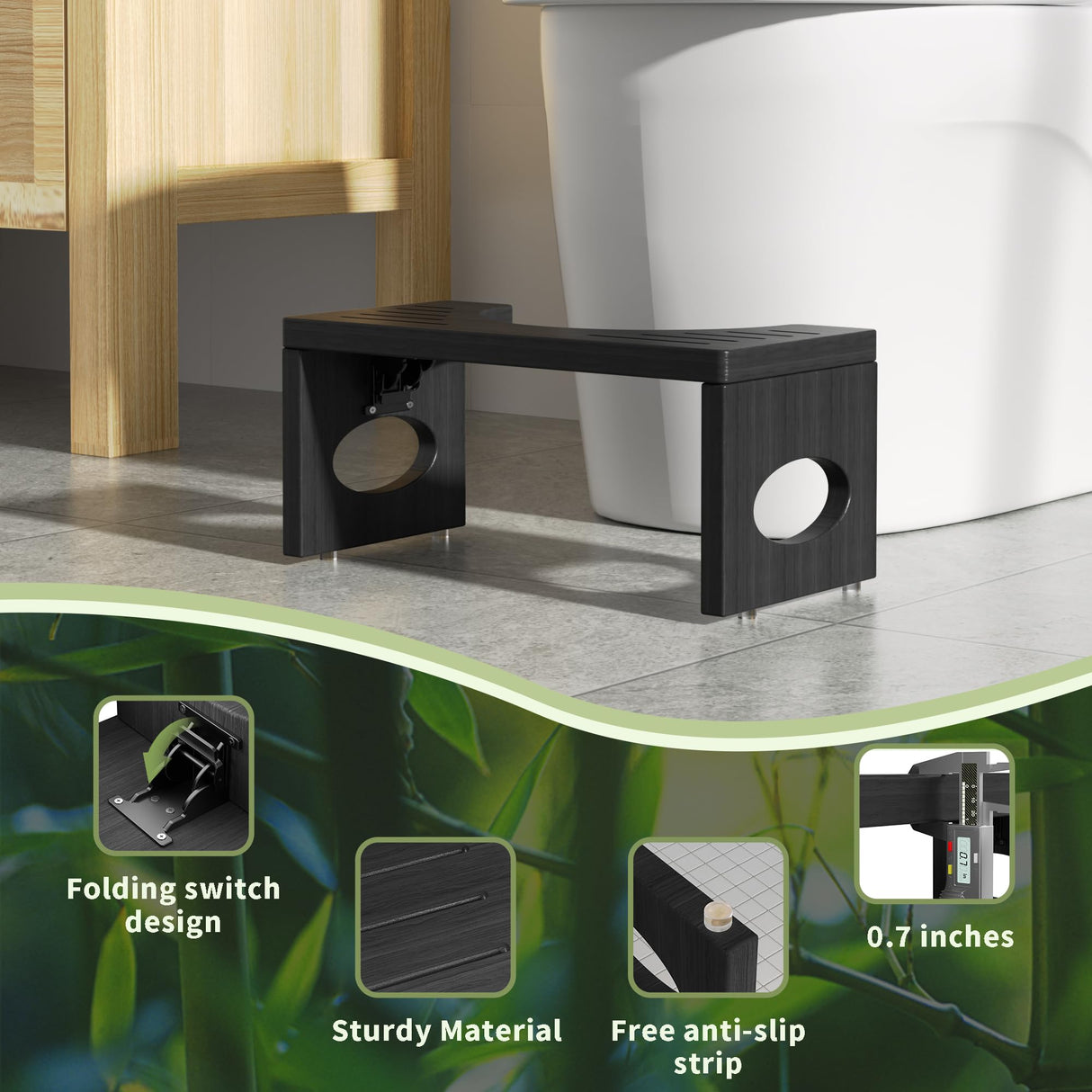 ROMGUAR CRAFT 7 Inch Bamboo Toilet Stool, Foldable Poop Stool, Bathroom Step Stool Squat (Black)
