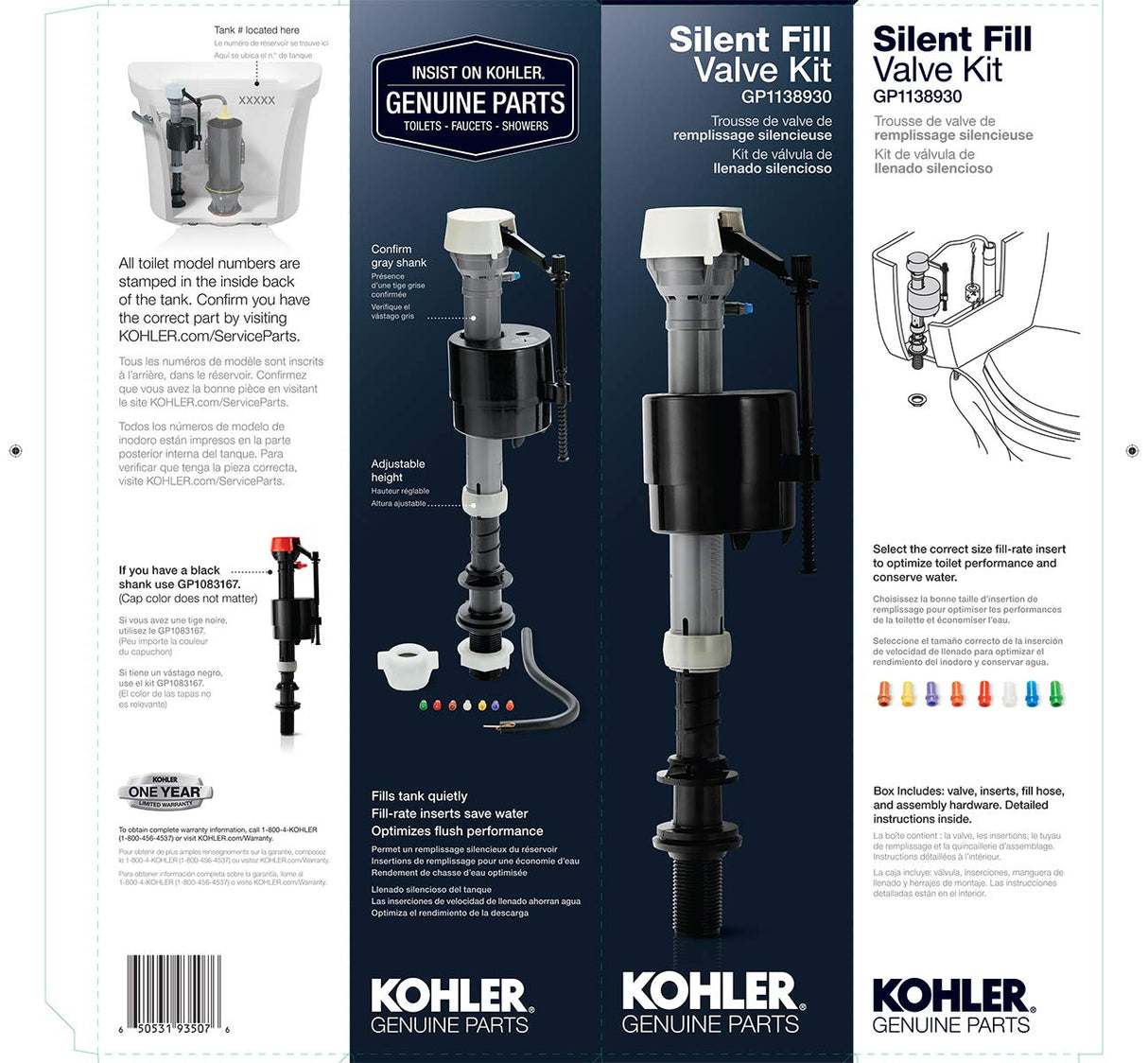 KOHLER Silent Fill Toilet Valve Kit, Genuine Part GP1138930, Adjustable with Multiple Fill-Rate Inserts