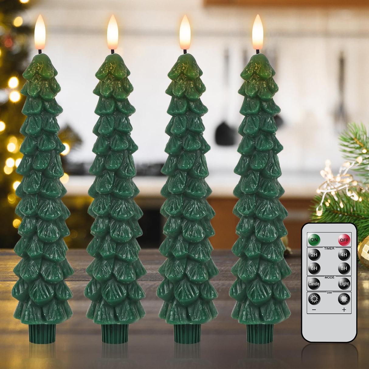 Lasumora Christmas Tree Candles with Remote Timer, 4 Pcs Waxy Flameless Taper Candles Flickering, Battery Operated LED Candlesticks with 3D Flame Wick, Green Window Candle for Christmas Decorations