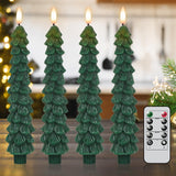 Lasumora Christmas Tree Candles with Remote Timer, 4 Pcs Waxy Flameless Taper Candles Flickering, Battery Operated LED Candlesticks with 3D Flame Wick, Green Window Candle for Christmas Decorations