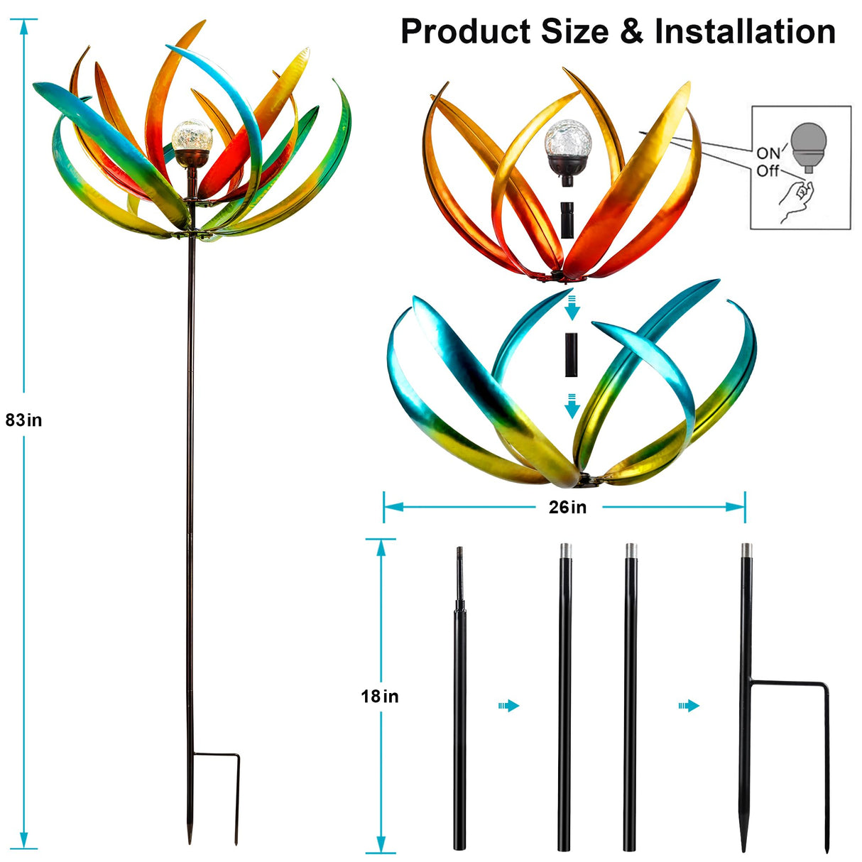 83" Large Solar Wind Spinner Outdoor - Metal Tulip Flower Sculpture with Multi-Color LED Glass Ball - Waterproof Kinetic Yard Art for Garden Lawn Patio, Mother’s Day Birthday Gardening Gifts