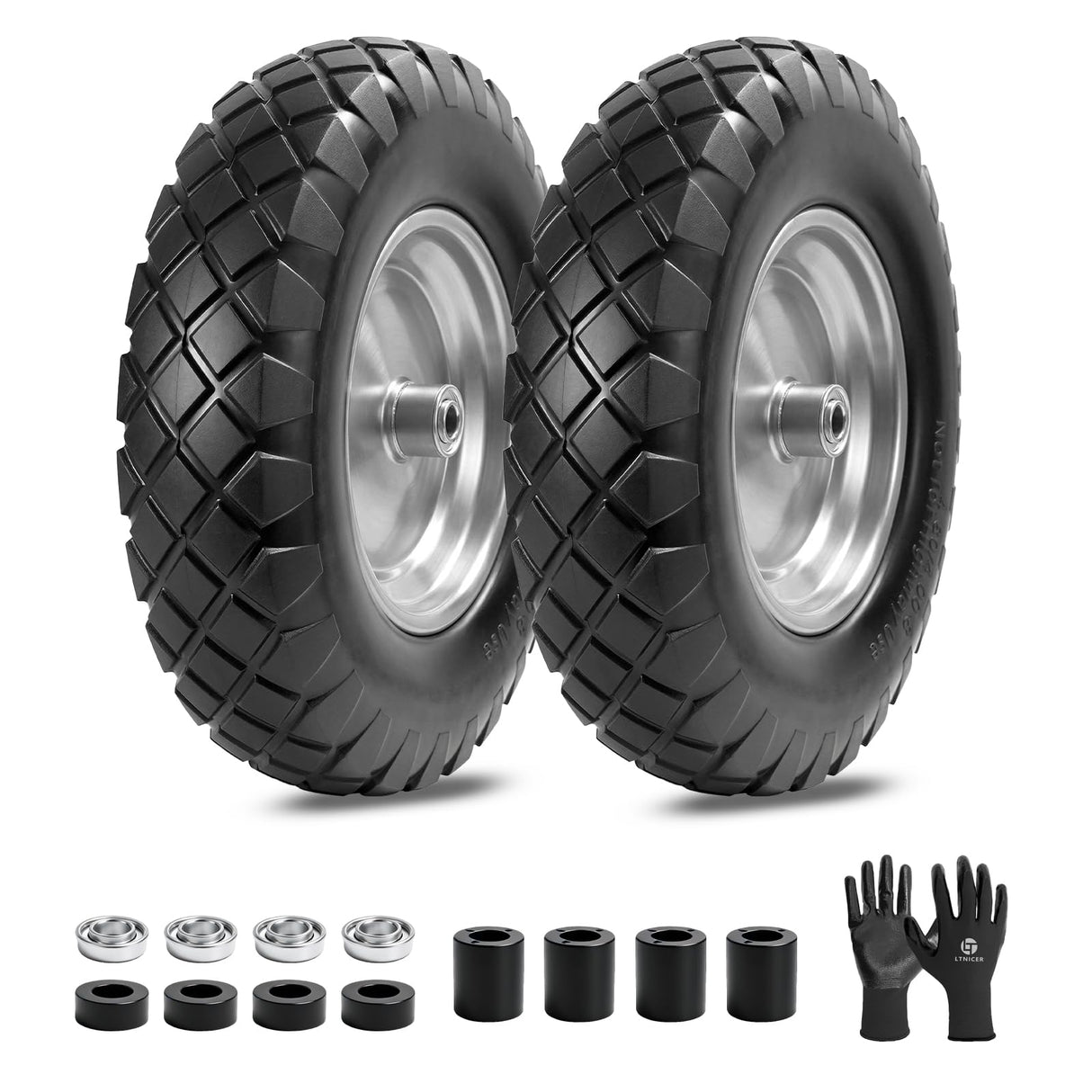 LTNICER 4.80/4.00-8" Flat-Free Tire and Wheel, 16" Solid Wheelbarrow Tires with 5/8" or 3/4" Bearings, 3-7" Centered Hub Universal Fit for Wheelbarrows/Garden Trailer/Wagons