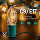 Brightown C9 Light Strand, 100 FT Outdoor String Lights Christmas Stringer with 100 Sockets for Christmas Decor Patio, E17 Light Socket, 12 Spacing, Green Wire