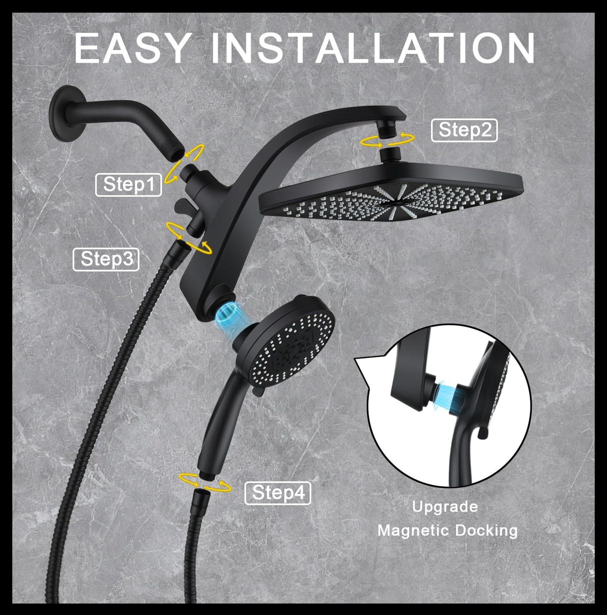 High Pressure Rain Shower Head: Upgrade Shower Heads with Handheld Spray Combo with Fixed Showerhead and 10 Sprays Handheld Shower Head, Detachable Showerheads Built-in Magnetic Docking and Power Jets