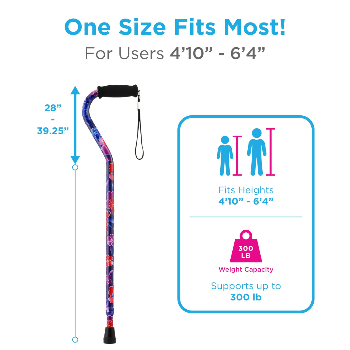 Designer Walking Cane with Offset Handle, Lightweight Adjustable Walking Stick with Carrying Strap, “Maui Flowers Design