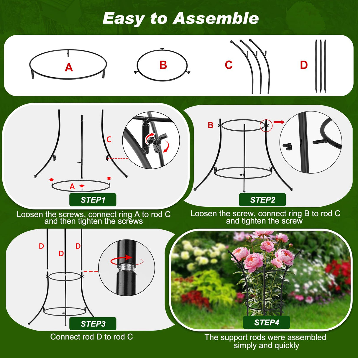 4 Pack Peony Cages and Supports, 12.5"Dx24"H Dual-Ring Metal Plant Supports