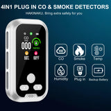 HAKINAKU 4in1 Plug in Smoke & Carbon Monoxide Detector Combination Builti-in 2000mAh Backup Battery HD Screen [Smoke CO Temp Humidity Sensor] for Home Hotel Travel (1 Pack, White)