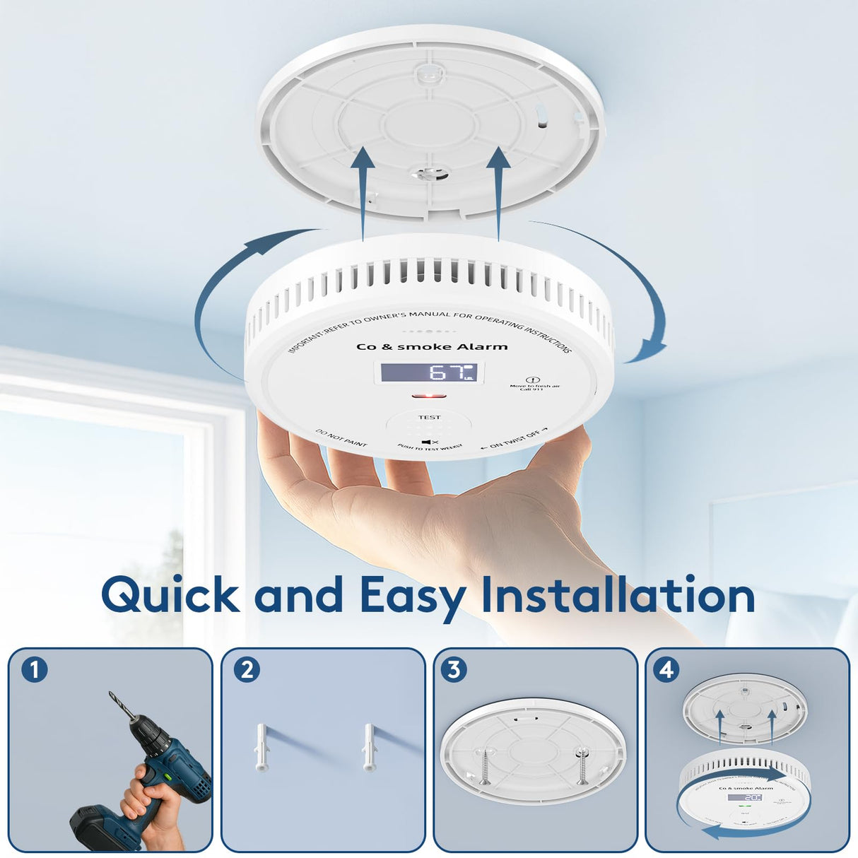10-Year Battery Smoke and Carbon Monoxide Detector 2-in-1 with Digital Display, 85dB Visual & Audible Alarm, Easy Setup for Living Room,Camper,RV, Brings Peace of Mind