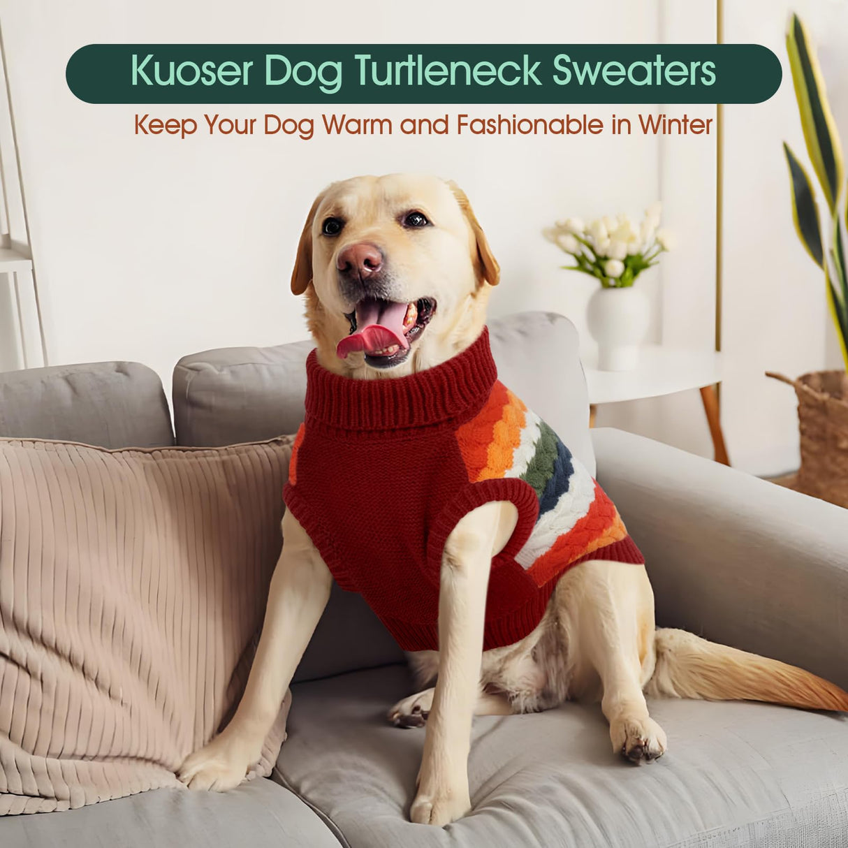 Kuoser Dog Sweater, Thermal Dog Sweaters for Medium Dogs Girl Boy, Puppy Christmas Sweater Thrtleneck Knitwear, Cozy Sweaters for Dogs, Thanksgiving Pet Outfit Warm Clothes for Fall Winter, Red M