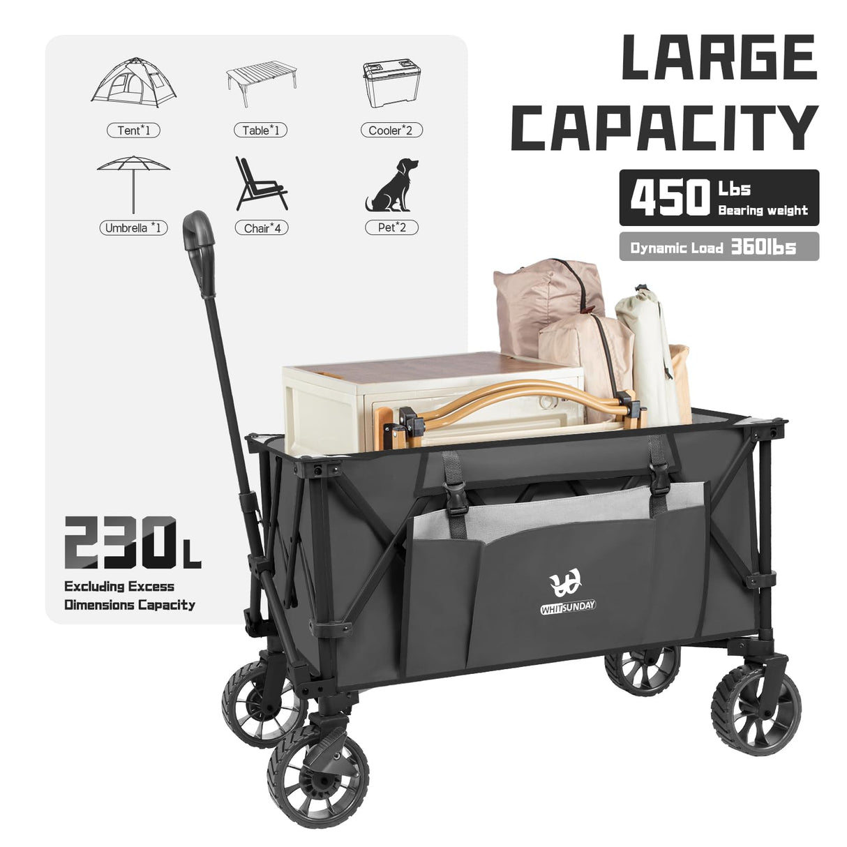 Whitsunday Folding Collapsible Utility Wagon, 400Lbs Heavy Duty Outdoor Park Beach Wagon with Table and Side Pocket for Garden Camping Sports Shopping Grey