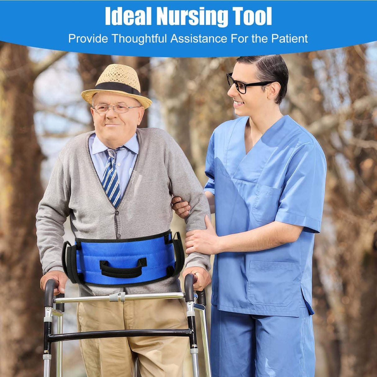 Rhino Valley Gait Belt for Senior with 7 Handles, 59" Anti-Slip Gate Belts Medical for Elderly, Transfer Belt with Quick Release Buckle, Elderly, Physical, Handicap, Bariatric Therapy, Blue & Black