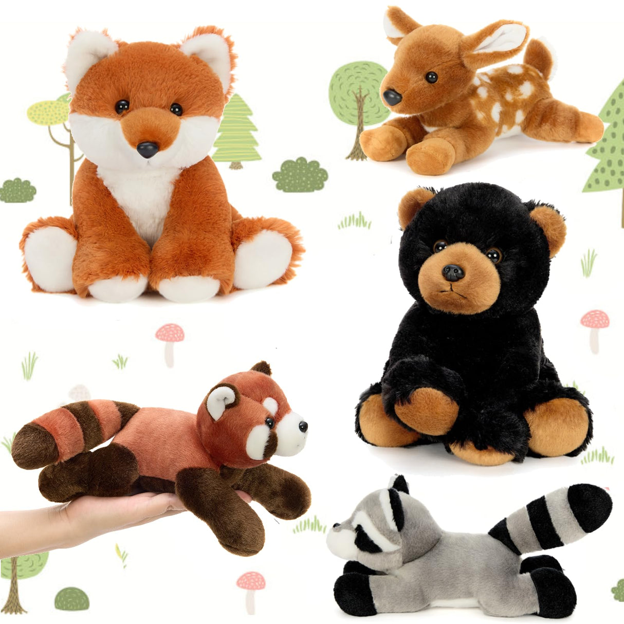MaoGoLan 8 inch Soft Woodland Animal Toys Stuffed Animals Bulk for Kids - Grizzly Bear Deer Fox Raccoon Red Panda Forest Plushies Set for Girls Theme Party Favors Decorations Gifts Christmas