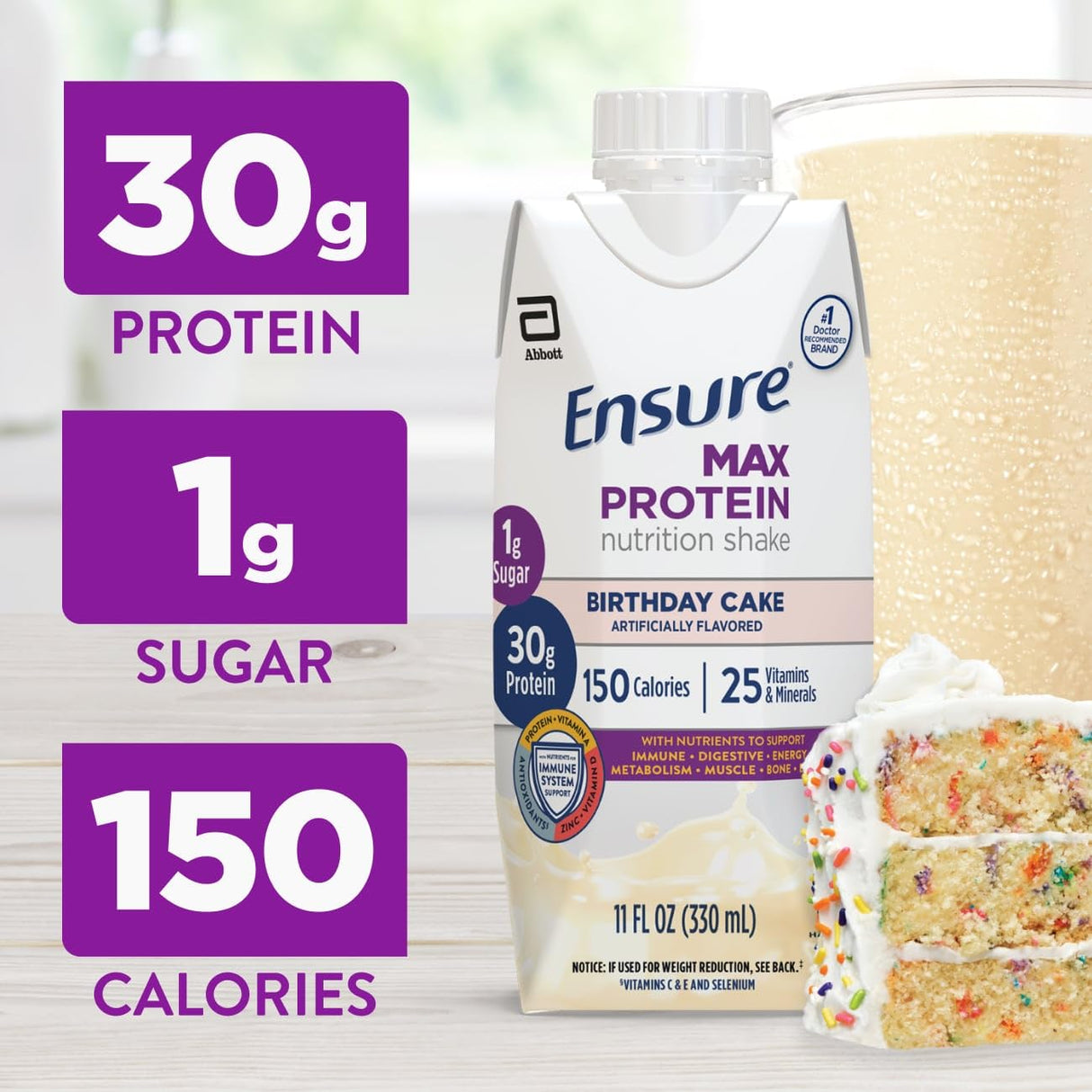 Ensure Max Protein Shake | Birthday Cake | Ready to Drink | 30g Protein for Muscle Health | 1g Sugar, 4g Fiber | 11 fl oz, 12 Pack