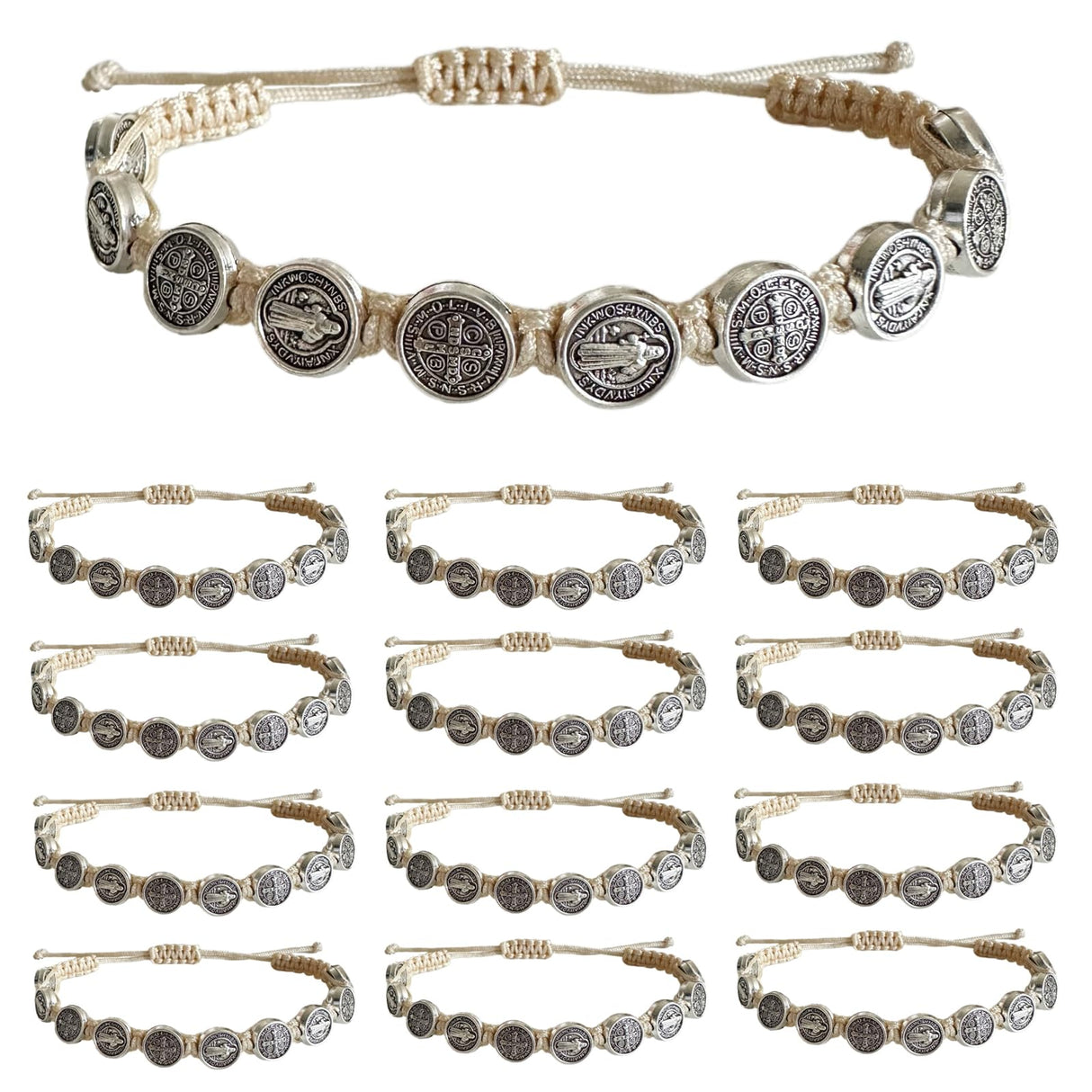 12pcs St Benedict Bracelets Nature Color String Saint Benedict Rosary Bracelet Medalla De San Benito Catholic Gift For Men Women (Nature Color)