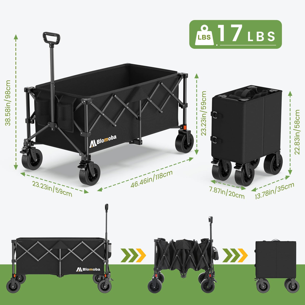 Blomoba Collapsible Wagon Cart, Folding Cart with 330LBS Capacity, Black