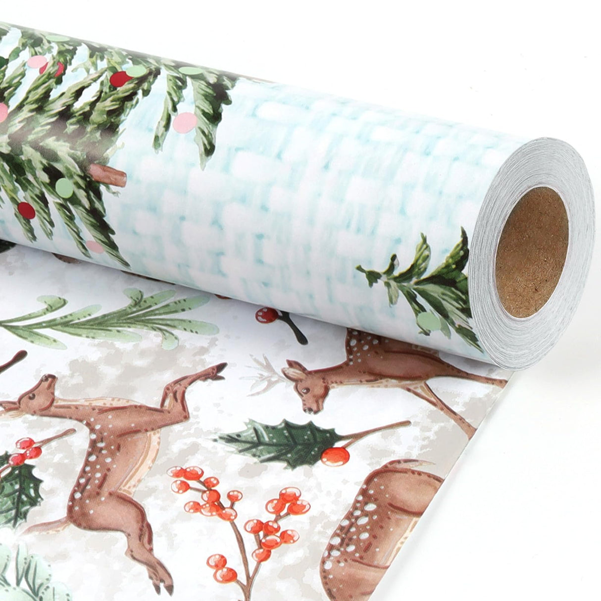 BIOBROWN Reversible Christmas Wrapping Paper - Jumbo Roll - 30 Inch X 33 Feet (82.5 sq. ft. ttl.) - Doe Floral Design Perfect for Xmas, Party, Holiday Gift Wrap