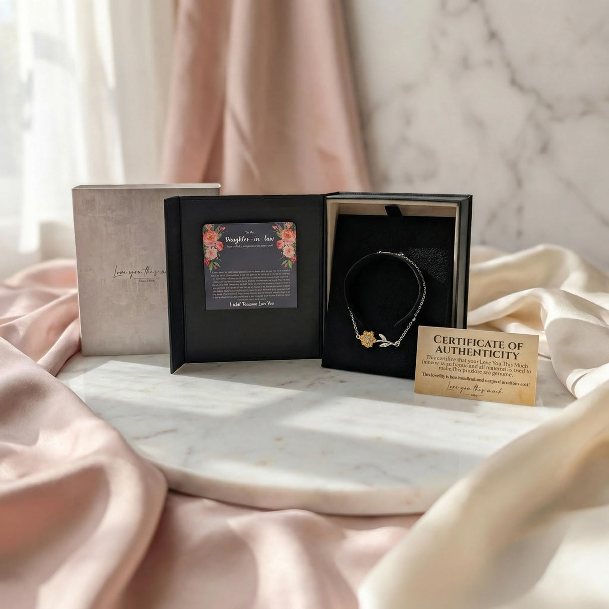 Love You This Much To My Daughter In Law 18k Gold Plated Sunflower Bracelet| Future Daughter in Law Birthday Gifts from Mother in Law | 6-7.5" Adjustable | Luxury Gift Box (Sunflower Bracelet)