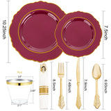 Liacere 350PCS Red Plastic Plates-Disposable Burgundy Red and Gold Plates 50guest Baroque Plastic Dinnerware include 100Plates, 50Pack Pre Rolled Napkins with Silverware 50Cups for Christmas