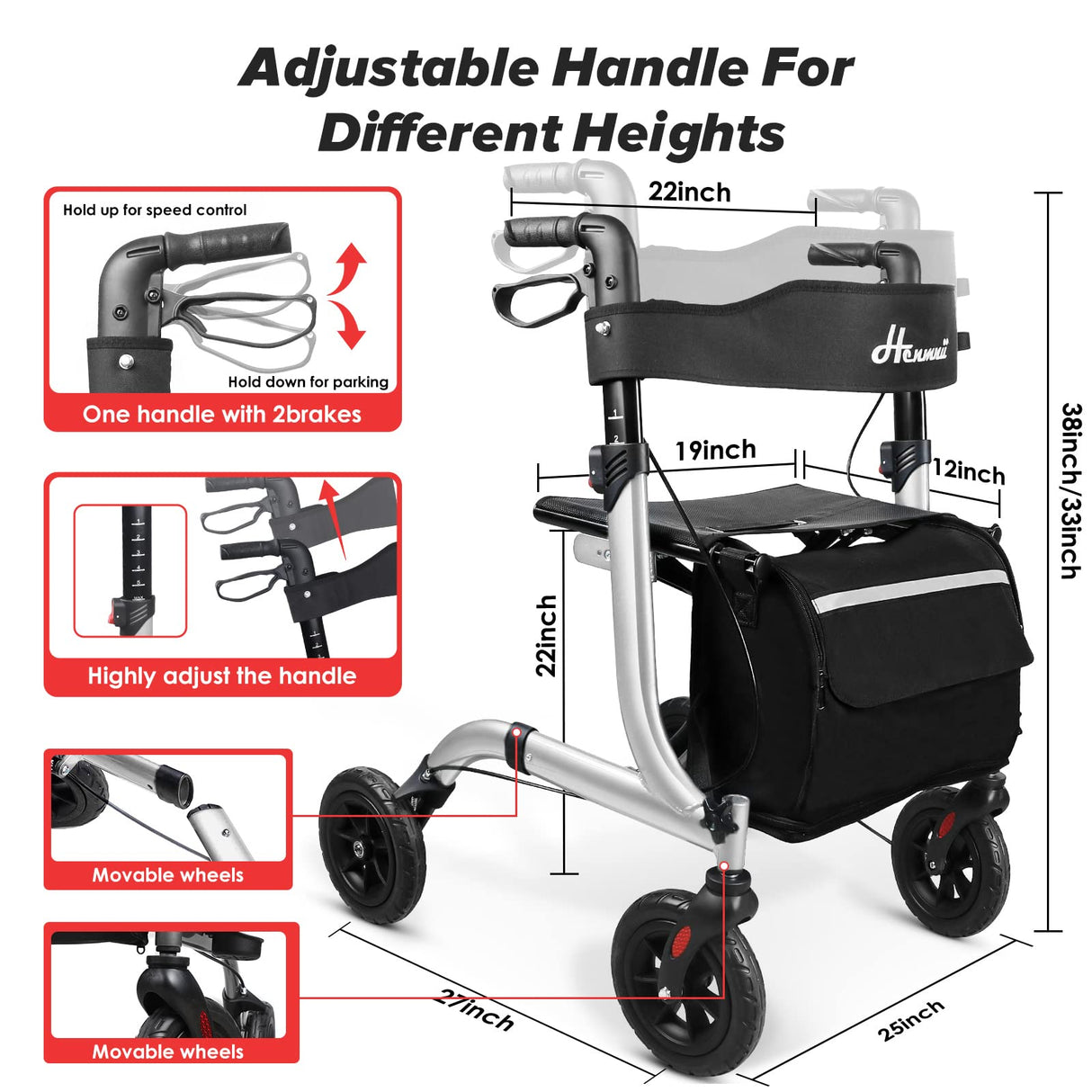 Henmnii Rollator Walker for Seniors, Lightweight Foldable All Terrain Rolling Walker with seat, Aluminum Walkers with 8 inch Rubber Wheels, Handles and Backrest for Seniors and Adult