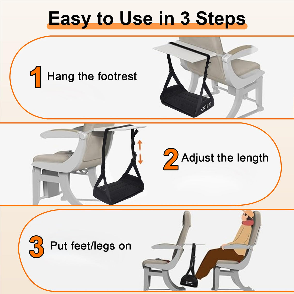 KNTNK Airplane Foot Hammock, Wide Airplane Foot Rest with Bamboo Board Support, Portable Travel Footrest Essentials, Adjustable Foot Hammock for Long Flight, Foldable & Compact for Easy Storage