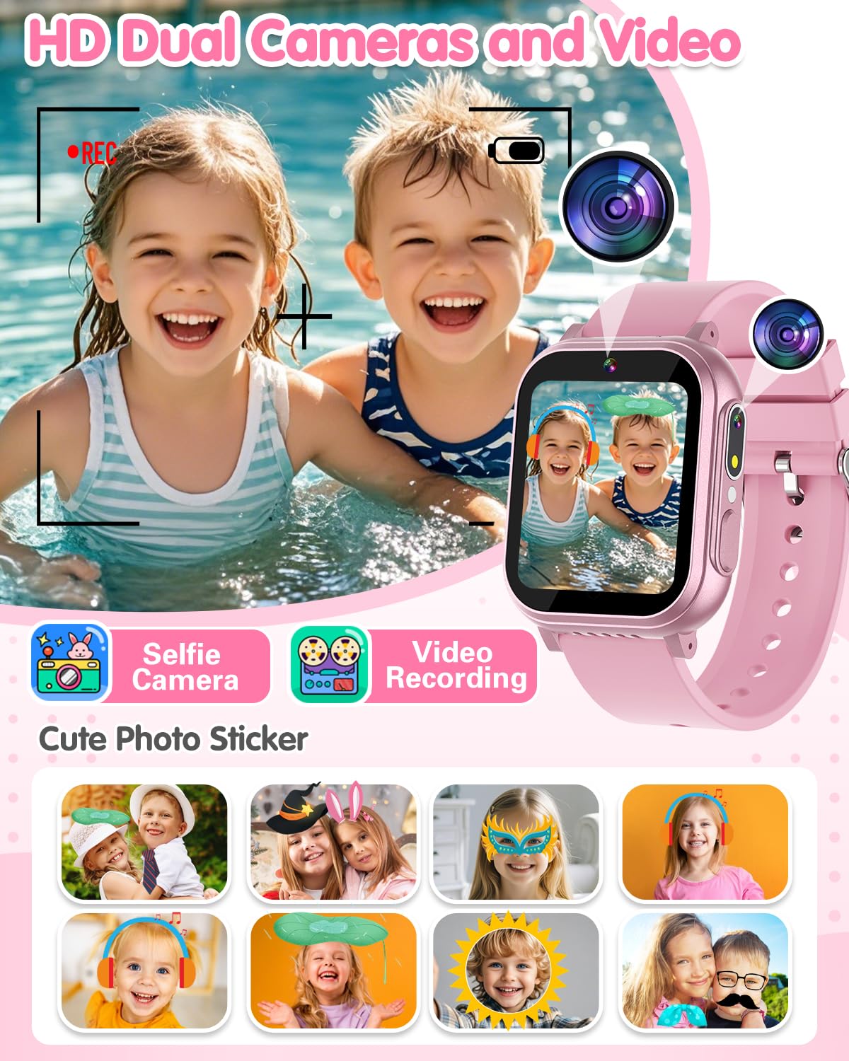 Kids Waterproof Smart Watch Girls Toys Age 6-8, Kids Watch with 32 Games Dual Camera HD TouchScreen Music Habit Tracking Alarm Pedometer Christmas Birthday Gifts Ideas for Girls 3-12 Year Old(Pink)