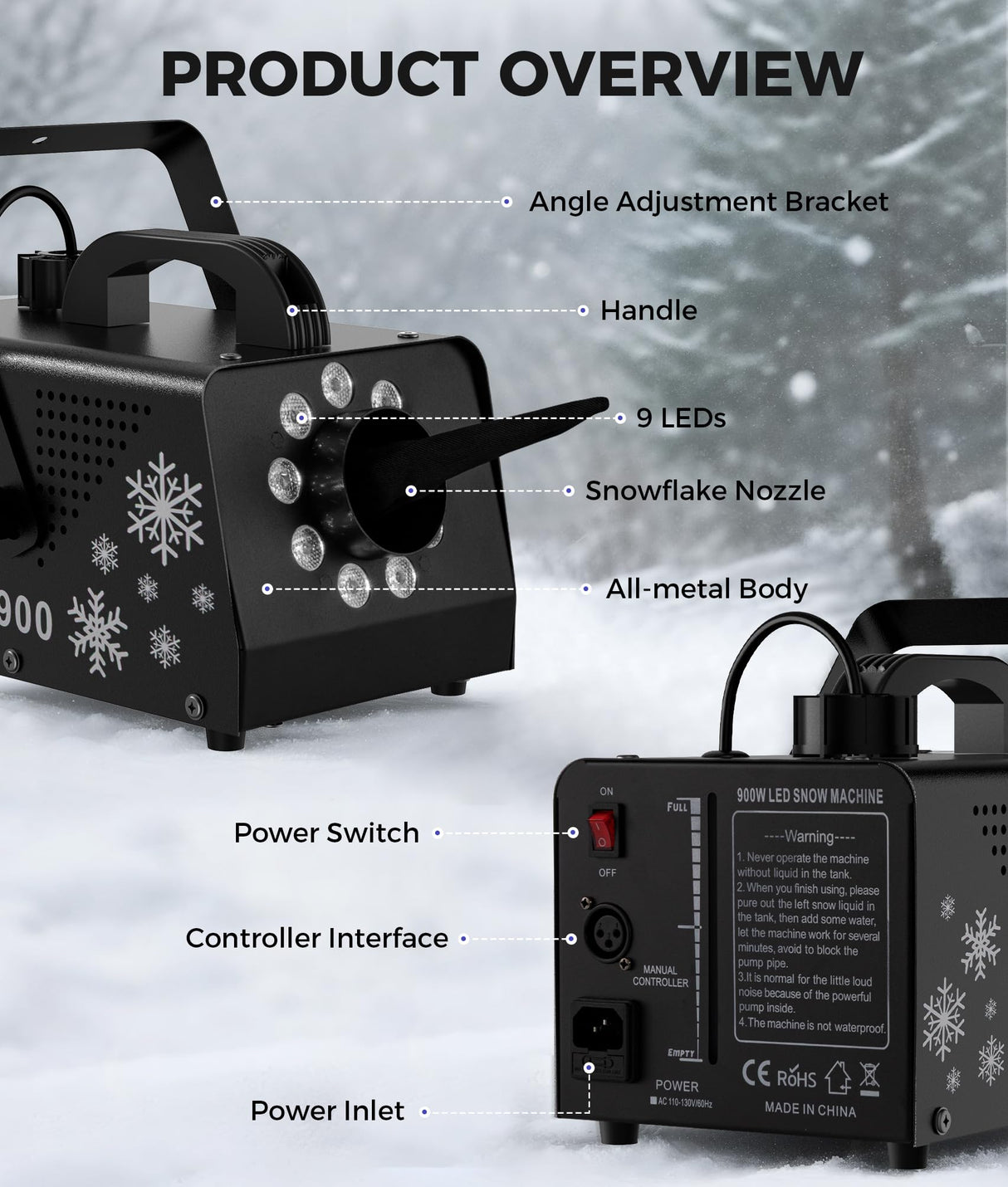 IMONE 900W Snow Machine with 9 Lights Christmas Gift,High Output Fake Snow Machine with Remote,Snow Machine Indoor,Outdoor Snow Making Machine,Snow Maker Machine,Snowflake Machine Parade,Party