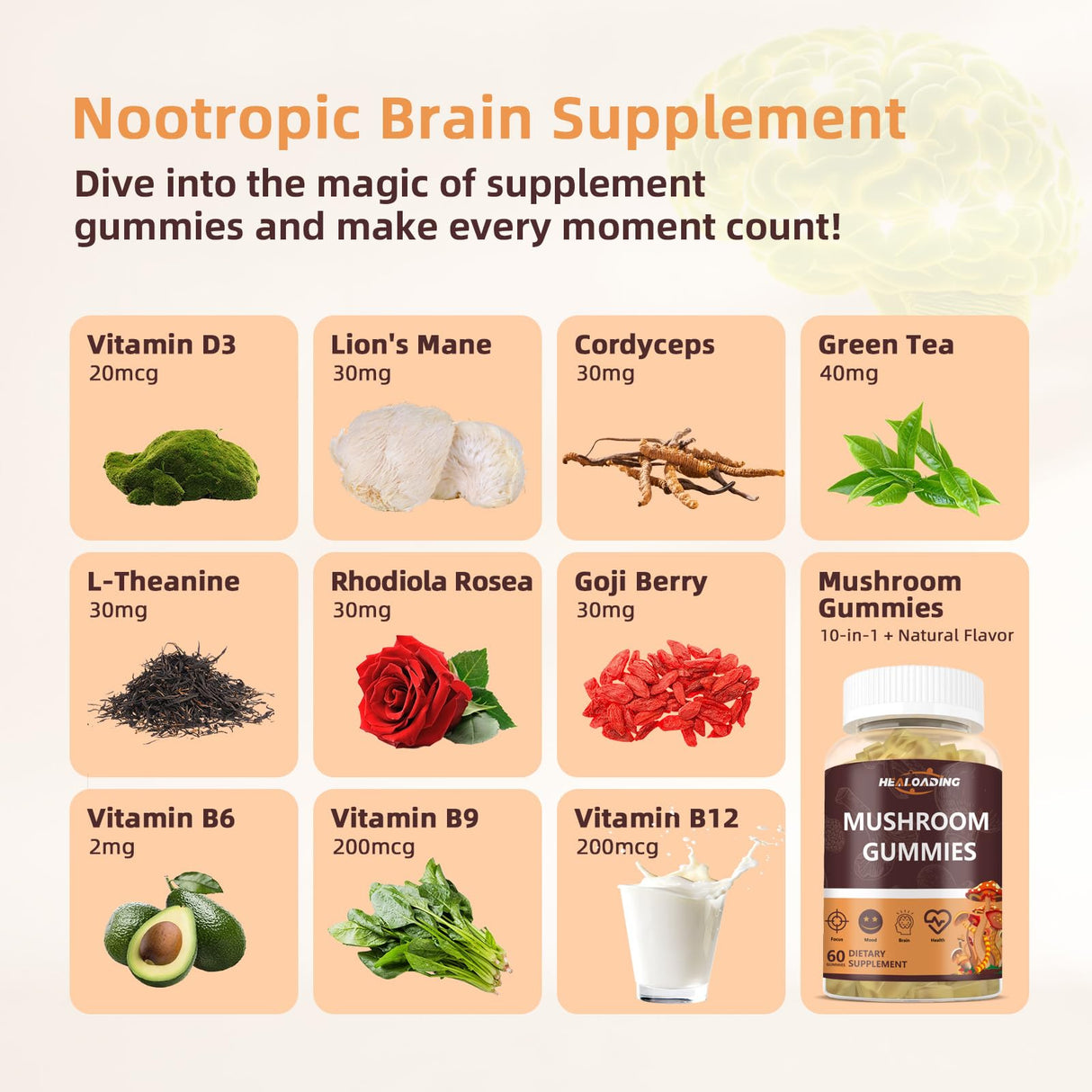 HEALOADING Mushroom Gummies with Lions Mane & Cordyceps | Brain Health, Immune Support & Memory Enhancement | Vegan Supplement with Vitamin D3, B6, B9, B12 | 60 Chewable Gummies