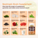 HEALOADING Mushroom Gummies with Lions Mane & Cordyceps | Brain Health, Immune Support & Memory Enhancement | Vegan Supplement with Vitamin D3, B6, B9, B12 | 60 Chewable Gummies