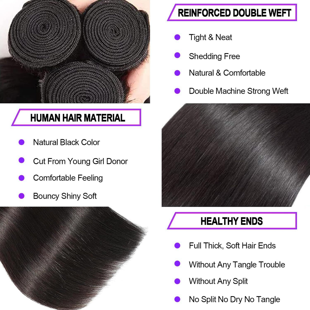 12A Human Hair Bundles 18 20 22 Inch Straight Bundles Human Hair 100% Unprocessed Brazilian Virgin Hair Natural Color Straight Hair Extensions for Women