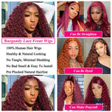 Burgundy Lace Front Wigs for Black Women 24 Inch 99J Deep Wave Wigs 13x4 Transparent Lace Frontal Wigs Glueless Wet and Wavy Red Colored Curly 100% Human Hair Wig Pre Plucked Brazilian Virgin Hair
