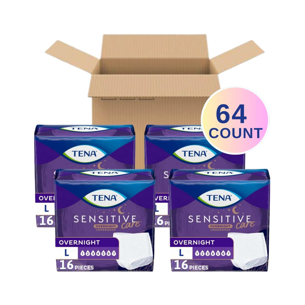 TENA Sensitive Care Overnight Incontinence Underwear for Women, Bladder Control, Postpartum, L, 64 Count (Waist size 32in-42in)