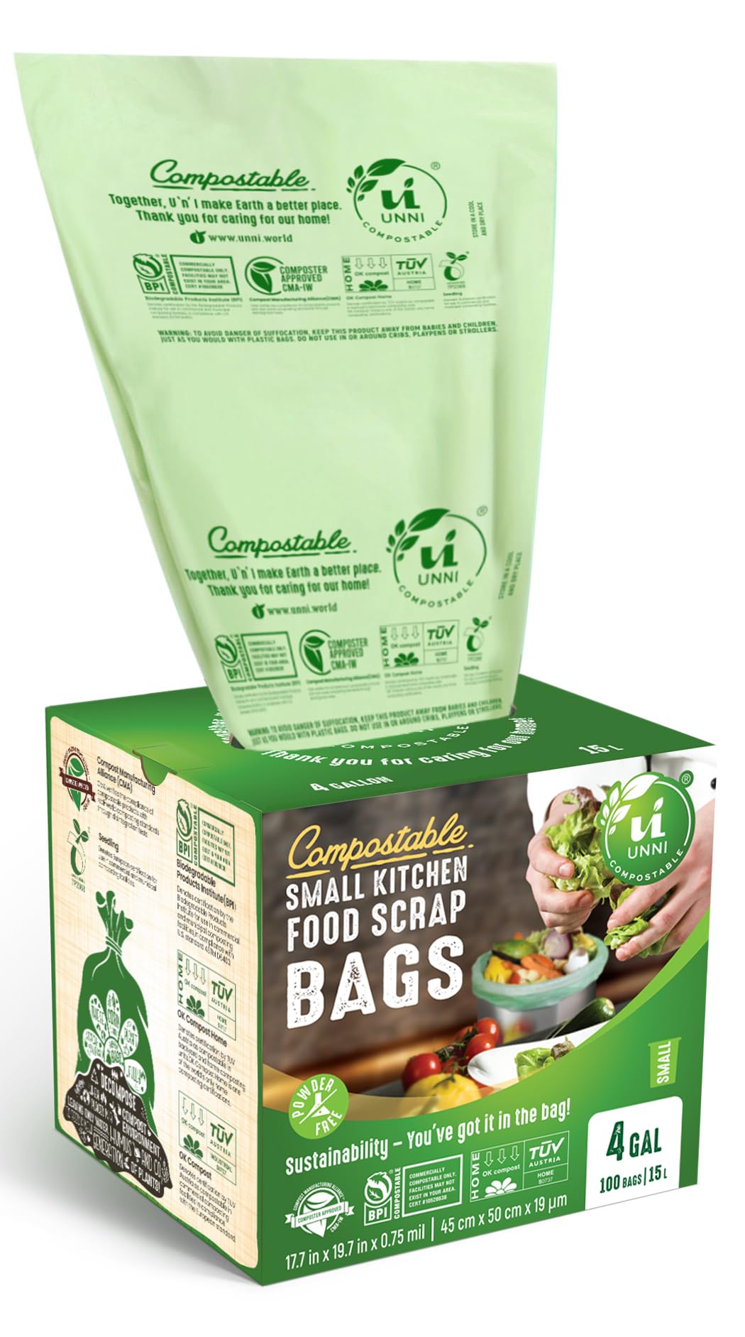UNNI Compostable Liner Bags, 4 Gallon, 15 Liter, 100 Count, 0.75 Mil Extra Thick, Food Scrap Bags for Small Bins, ASTM D6400, US BPI, CMA and Europe OK compost HOME Certified, San Francisco