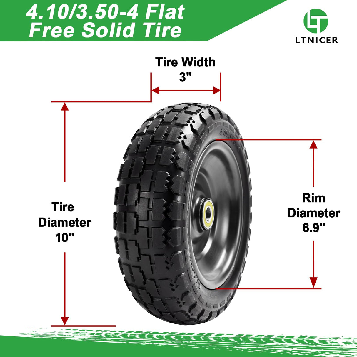 LTNICER 10" Flat Free Replacement Wheels for Gorilla Carts (2-Pack), 4.10/3.50-4 Solid Tires with 5/8" Axle Bore & 2.1" Offset Hub, Heavy Duty No-Flat Wheels for Garden Carts, Hand Trucks & Wagons
